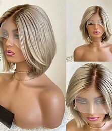 cheap -Brazilian Hair Remy Human Hair Ombre Hair 5x5 Closure Glueless Wigs Straight Ash Blonde 13x4 Lace Front Wig Short Bob Layered Haircut Wig with Baby Hair Pre-Plucked For Women