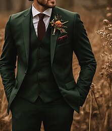 abordables -De los hombres Boda Trajes Verde Oscuro Moda Formal Color sólido Estándar Juego de 3 piezas Recto 2 botones