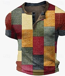 abordables -Hombre Graphic Bloque de color Ajedrez Camisa henley gofrada Manga Corta Impresión 3D Moda Design Básico Exterior Calle Diario Verano Azul Piscina Amarillo Café Gris Henley Camiseta Henley