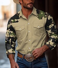 economico -Per uomo Mimetico Camicia Camicia Western Camicia da cowboy Manica Lunga Vintage Stile Western All'aperto Quotidiano Abbigliamento da lavoro Autunno & Inverno Collo ripiegato Stampa 3D Due tasche
