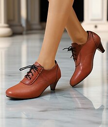 levne -Dámské vintage oxfordské boty z 30. let – hnědé šněrovací boty na nízkém podpatku z umělé kůže pro retro styl pro každodenní outfity, kancelář a swingový tanec