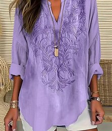 abordables -Mujer Tops de verano Floral Graphic Diario Casual Manga Larga Escote en Pico Tops regulares Diario Estampado Negro Blanco Rosa Azul Piscina Azul cielo Verano Primavera