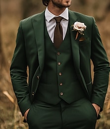 preiswerte -Herren Hochzeit Anzüge Dunkelgrün Mode Formell Einfarbig Standard Passform 3-teilig Einreihige Zwei-Knopf-Jacke