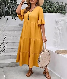 abordables -Femmes Robe maxi Robe trapèze Vacances Occasionnel Chaussures de plage Quotidien Fête Date Uni Demi Manches Col en V Bleu marine Noir Ivoire Jaune Été