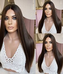 economico -Capelli umani Remy 5x5 Chiusura 13x4 Fronte in Pizzo Parrucca Riga centrale Capelli brasiliani Liscio Castano ramato Parrucca 130% 150% Densità dei capelli con Capelli di Bambino 100% Vergine Senza