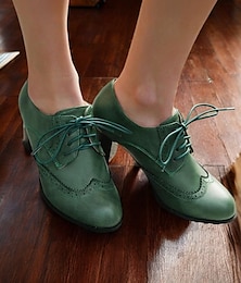 preiswerte -Grüne Brogue-Oxford-Pumps für Damen – Vintage-Schnürschuhe aus Leder mit klobigem Absatz fürs Büro und die Freizeit