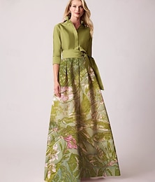 billige -Grønn Jacquard Brokade Blomstret A-Line Kveldsdrakt Elegant Kjole Formell Bryllupsgjest Gulvlengde Lang Erme Skjorte Krage Lomme Nylon med Blomsterprint Sløyfe(r) Splitt