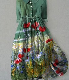 abordables -Femmes Robe Midi Robe fourreau Occasionnel Quotidien Coupe régulière Fleuri Graphique Demi Manches Col de chemise Bleu Vert Gris Été Printemps