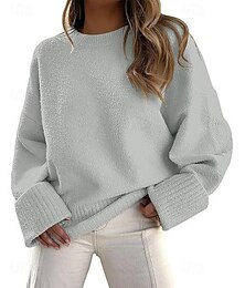 preiswerte -Damen Pullover Mode Einfarbig Gerippt Rundhalsausschnitt Gestrickt Langarm Normale Oberteile Stricken Outdoor Ferien Ausgehen Schwarz Weiß Herbst