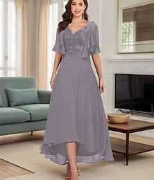 voordelige -A-lijn Moeder van de bruid jurk Elegant Eenvoudig V-hals Asymmetrisch Polyester Halve mouw met Effen kleur 2025