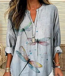 abordables -Mujer Blusa Graphic Animal Libélula Bohemia Vintage Tropical Manga Larga Escote en Pico Tops regulares Diario Festivos Ropa de playa Estampado Azul Marino Azul polvoriento Gris Claro Beige Verano