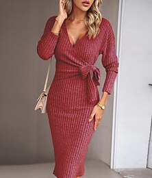 preiswerte -Damen Midikleid Pulloverkleid Wickelkleid Lässig Lässig Normale Passform Einfach Langarm V Ausschnitt Rote Grün Aprikose Grau Herbst Winter