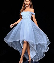 economico -Abiti Quinceanera A-Line Abito Elegante Matrimonio Formale Lunghezza Piena Senza Maniche Spalle Scoperte Tulle Senza Schienale con Pieghe