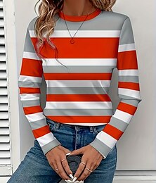baratos -Mulheres Camiseta Gráfico Geométrica Listrado Vintage à moda Clássico Manga Longa Gola Redonda Decote Redondo Tops regulares Diário Imprimir Rosa Vermelho Fúcsia Verão Primavera Outono