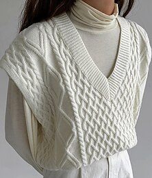 abordables -Femmes Pull Pull Gilet Occasionnel Couleur Unie Torsadé Col en V Tricoté Sans manches Hauts Réguliers Tricoter Fête Sortir Week-end Blanche Marron Automne