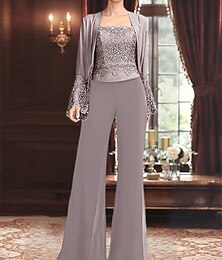 levne -Jumpsuit  Kalhotový kostým 3 kusy Kalhotový kostým pro matku nevěsty Elegantní Vintage Jednoduchý Čtvercový výstřih Délka až na zem Šifon Satén Dlouhý rukáv s krajkou