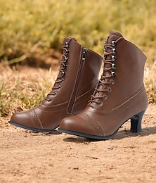abordables -Mujer Botas Tallas Grandes Botas con cordones Exterior Diario Color sólido Botines Botines Con Cordón Tacón de gatito Tacón Cubano Dedo Puntiagudo Elegante Vintage Casual Zapatos de Paseo Cuero PU PU