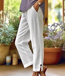 economico -Per donna Pantaloni in cotone e lino Chinos Vintage Moda Essenziale Lunghezza intera Vita Alta Semplice Tasca Comodità All'aperto Inelastico Vacanza Streetwear Quotidiano Verde scuro Blu marina