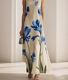 ieftine -Pentru femei Alb Șampaniu Albastru piscină Vară Primăvară Rochie Maxi Rochie A line Vacanță Casual Stiluri de Plajă Oficial Nuntă Zilnice Fit regulat Floral Grafic Stil Nautic
