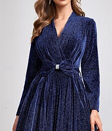 abordables -Vestidos de fiesta A-Line con brillo Vestido elegante de boda formal Longitud completa Manga larga Escote en V de terciopelo con pliegues