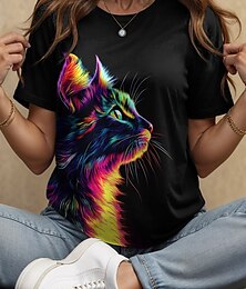 abordables -Mujer Camiseta Graphic Animal Gato Vintage Elegante Clásico Manga Corta Cuello Barco Escote Redondo Tops regulares Diario Fin de semana Estampado Negro y blanco Negro Verano Primavera