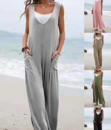 abordables -Mujer Mono Activo Floral Sin Mangas Perneras anchas Escote en Pico Vacaciones Calle Ajuste regular Negro Rosa Verde Trébol Verano