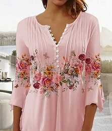 economico -Per donna Blusa Floreale Quotidiano Elegante Manica 3/4 Girocollo Top Regolari Quotidiano Ferie Bottoni Stampato Rosa Blu Estate Primavera