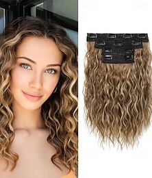 economico -Extension per capelli con clip - 4 pezzi, 12 extension corte, ricci e ondulati, castano con trama in pizzo invisibile e mèches
