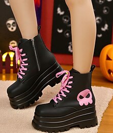 abordables -Botas de combate con plataforma gótica para mujer: botines negros gruesos con cordones y calavera rosa para cosplay, Halloween y ropa urbana punk.