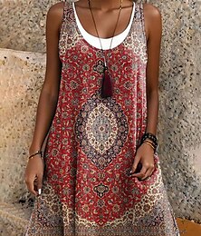 abordables -Femmes Mini Robe Robe T-Shirt Robe d'Été Robe trapèze Vacances Occasionnel Boho Quotidien Coupe Ample Fleuri Graphique Paisley Sans manches Col en U Jaune Rouge Été Printemps