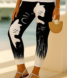 abordables -Mujer Polainas Vacaciones Moda Estilo lindo Longitud total Alta cintura Graphic Animal Gato Impresión 3D Secado rápido Transpirabilidad Suave Elástico Exterior Hogar Casual Negro Blanco Otoño Pitillo
