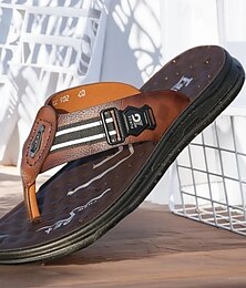 abordables -Sandales tongs en similicuir pour hommes avec bride en toile contrastée, tongs antidérapantes pour les vacances à la plage, la détente au bord de la piscine et les promenades estivales
