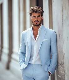 abordables -costumes en lin pour hommes été mariage beige bleu clair quotidien demi-doublé léger couleur unie coupe standard 2 pièces simple boutonnage un bouton