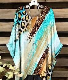 abordables -Mujer Blusa Graphic Leopardo Geométrico Elegante Vintage Diario Manga Corta Manga Murciélago Cuello Barco Tops regulares Diario Festivos Ropa de vacaciones Rojo Azul Piscina Naranja Caqui Verano
