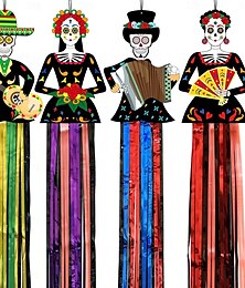 levne -1,2 m vysoká halloweenská cukrová lebka, závěsná dekorace na mexickou párty verandu s kovovými fóliovými třásněmi pro mexickou fiestu, halloween, den mrtvých, stromeček na zahradě, oltář, domov, vnitřní a venkovní