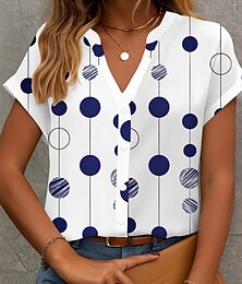 baratos -Mulheres Blusa Gráfico Geométrica Poá Vintage Tropical à moda Sem Manga Manga Curta Decote V Tops regulares Diário Botões Imprimir Branco Verão Primavera