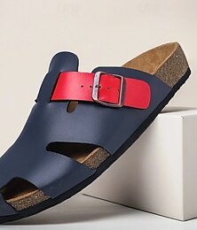 abordables -Sandales à boucle réglable pour hommes, bleu marine, semelle intérieure en liège, en similicuir, pour l'été décontracté et la détente en plein air