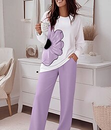 abordables -Femmes Mode T-shirt Ensembles de Pantalons manche longue Col rond Fleuri Graphique Imprimé Décontracté Quotidien Rose Claire Bleu Violet Printemps Coupe régulière