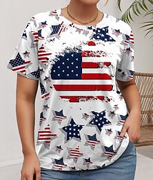 economico -Maglietta da donna taglie forti per il giorno dell'indipendenza americana, con stampa grafica della bandiera, manica corta, girocollo, casual, quotidiano, in poliestere, estiva, bianca e rossa.