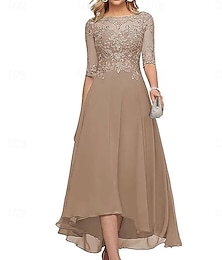 voordelige -A-lijn Moeder van de bruid jurk Formeel Bruiloft gast Elegant Strakke ronde hals Tot de grond Chiffon Halve mouw met Effen kleur 2025