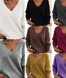 abordables -Femmes Pull Occasionnel Couleur Unie Côtelé Col en V Tricoté manche longue Hauts Réguliers Tricoter Fête Sortir Week-end Rose Claire Rouge Automne Hiver
