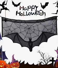 abordables -Cenefa de encaje de Halloween para cortina corta, adorno para ventana de cocina, color negro, decoración espeluznante, tela semitransparente para cortina, bolsillo para varilla de poliéster