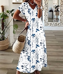 abordables -Femmes Robe maxi Robe Décontractée Robe d'Été Robe trapèze Élégant Vacances Occasionnel Fête Plage Coupe régulière Fleuri Graphique Manche Courte Col en V Blanche bleu marine Été Printemps