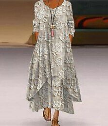 economico -Per donna Abito Lungo Maxi Abito Vestito Casual Abito Stampato Elegante Moda Classico All'aperto Vacanza Ferie Vestibilità regolare Fiore Manica Lunga Scollo a V Grigio Estate Primavera