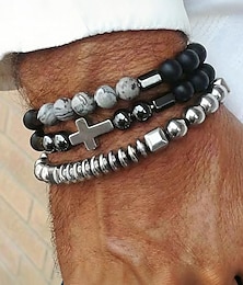 economico -Set di braccialetti con perline di ossidiana e croce da uomo - perline di ossidiana opaca multistrato e metallo con decorazione in pietra preziosa grigia, design elastico, stile bohémien, adatto per l'uso quotidiano o per uscite informali