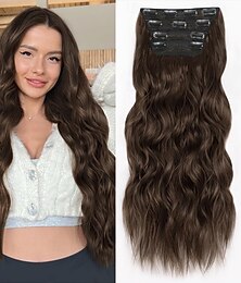 abordables -Extensions de cheveux à clips pour femmes, cheveux longs ondulés, brun chocolat et brun foncé, 4 pièces, 24 pouces, synthétiques, doux et naturels, épais