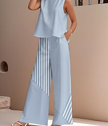 abordables -Ensemble deux pièces élégant pour femme, streetwear, chemisier, gilet, pantalon, sans manches, col ras du cou, extérieur, travail, décontracté, imprimé rayé, vacances, quotidien, bleu, violet, vert, été, coupe régulière