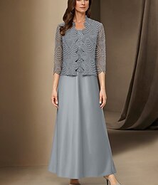 abordables -Robe Mère de la mariée A-Line 3 pièces Élégante Simple Décontractée Col bateau Longueur cheville Satin Manches longues avec Dentelle