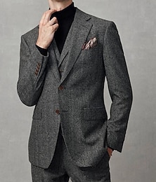 economico -Abiti da uomo in tweed, abiti da lavoro in lana, grigio scuro, formali, vintage, tinta unita, vestibilità standard, 2 pezzi, monopetto, due bottoni