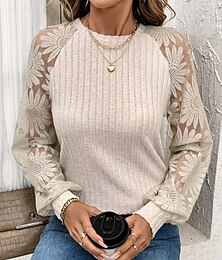 economico -Per donna Top con cuciture in pizzo Tinta unica Elegante Casual Manica Lunga Girocollo Top Regolari Quotidiano Pizzo Patchwork Albicocca Estate Primavera